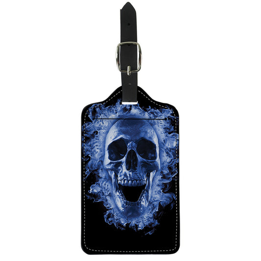 Blue Flaming Skull Print Luggage Tag