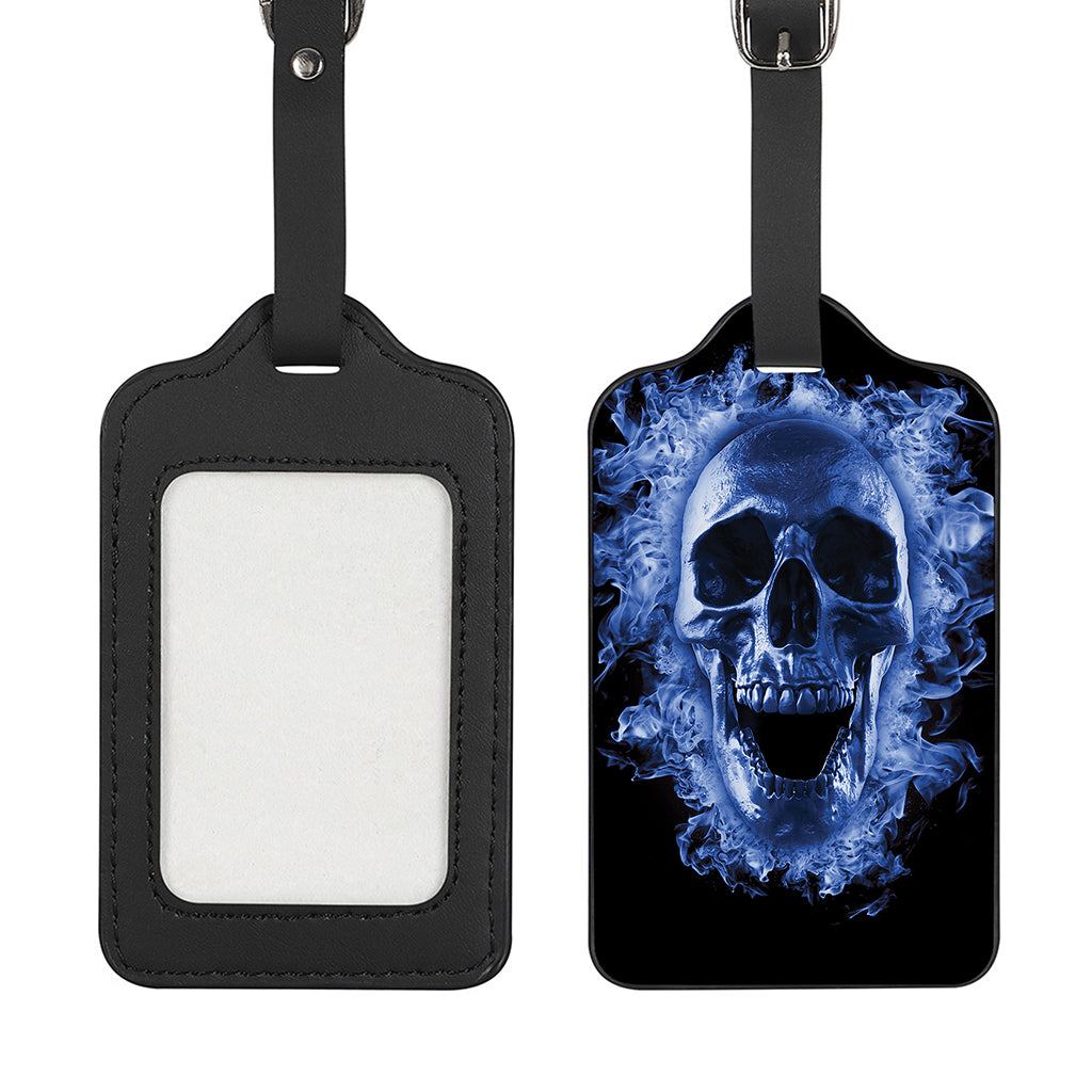 Blue Flaming Skull Print Luggage Tag