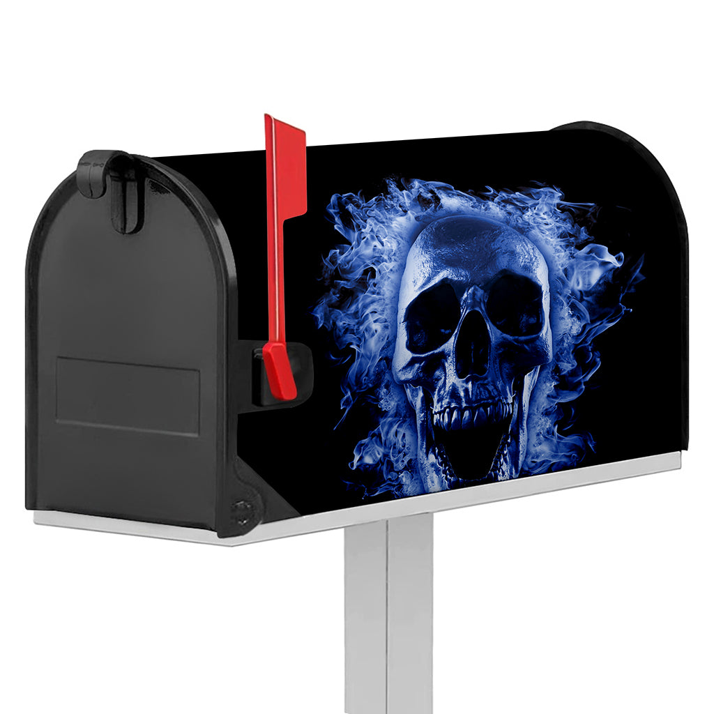 Blue Flaming Skull Print Mailbox Cover