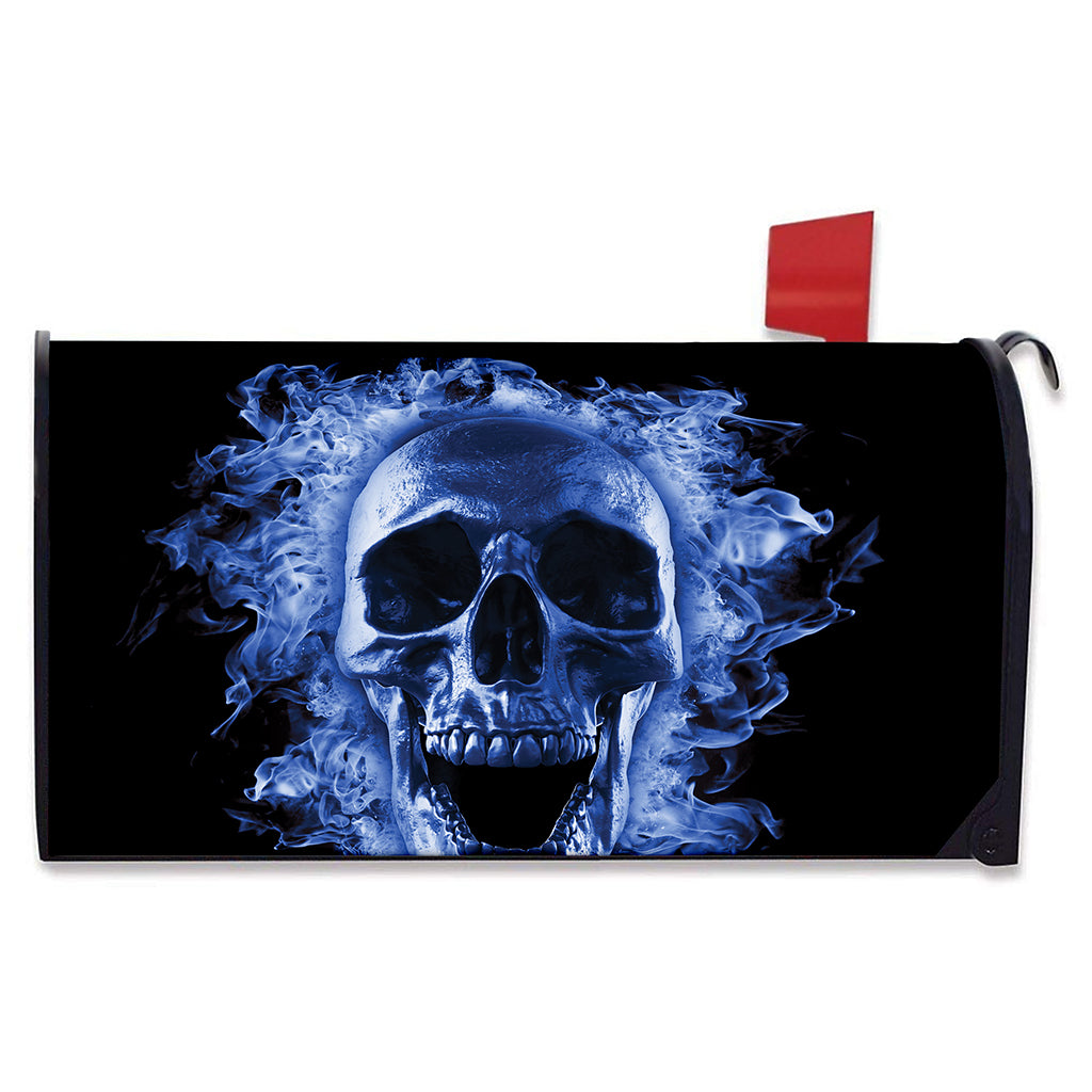 Blue Flaming Skull Print Mailbox Cover