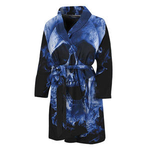 Blue Flaming Skull Print Men's Bathrobe