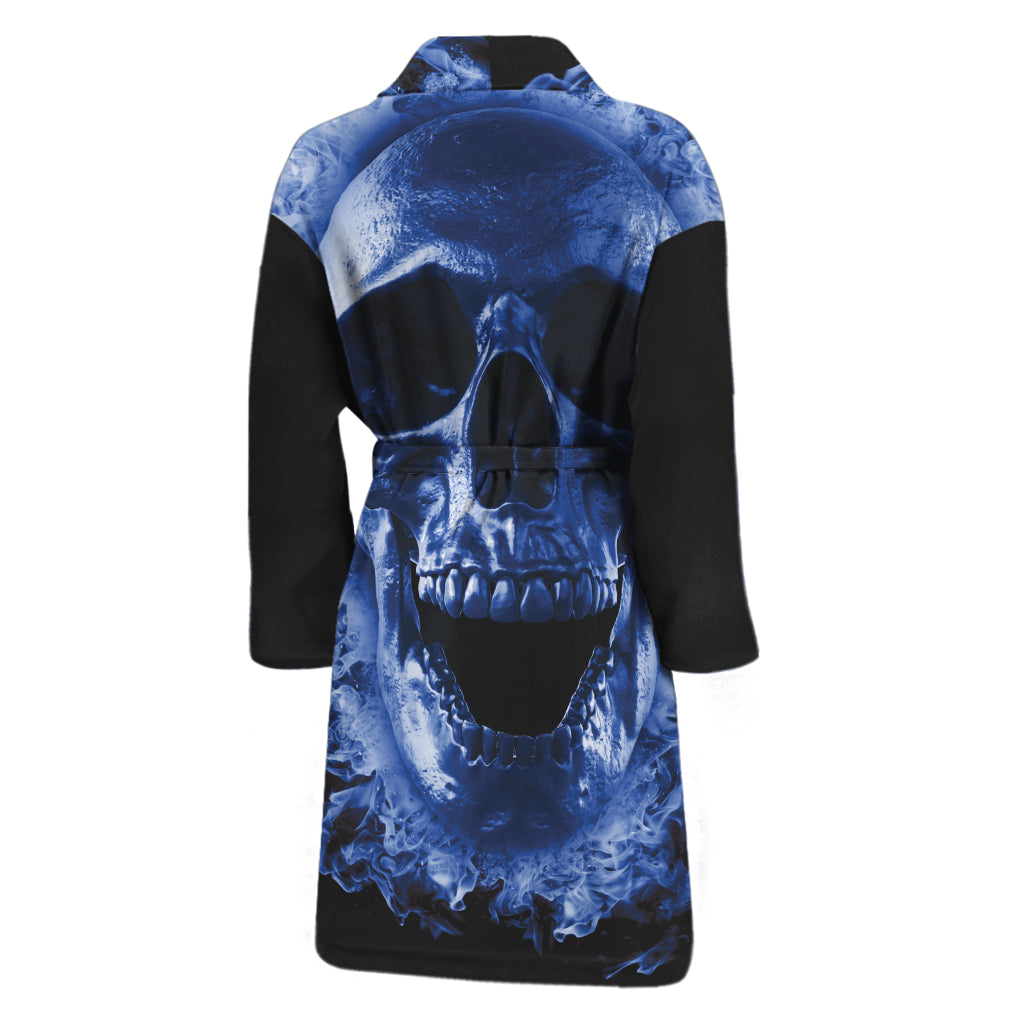 Blue Flaming Skull Print Men's Bathrobe