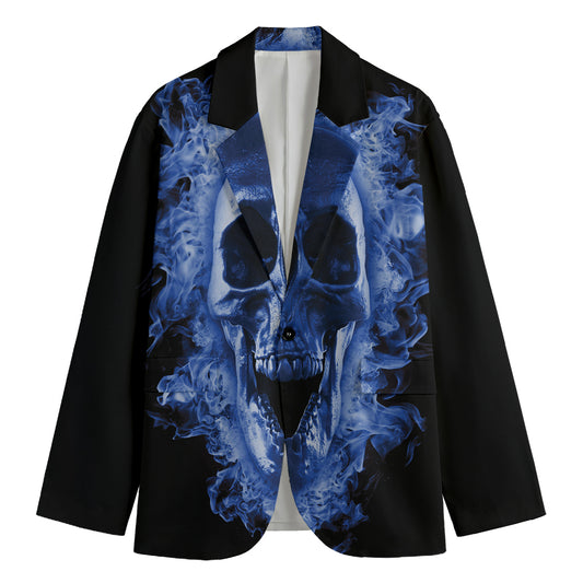 Blue Flaming Skull Print Men's Blazer