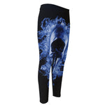 Blue Flaming Skull Print Men's Compression Pants