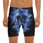 Blue Flaming Skull Print Men's Long Boxer Briefs