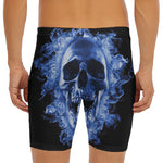 Blue Flaming Skull Print Men's Long Boxer Briefs