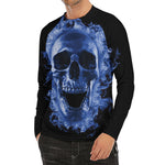 Blue Flaming Skull Print Men's Long Sleeve Rash Guard