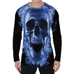 Blue Flaming Skull Print Men's Long Sleeve T-Shirt