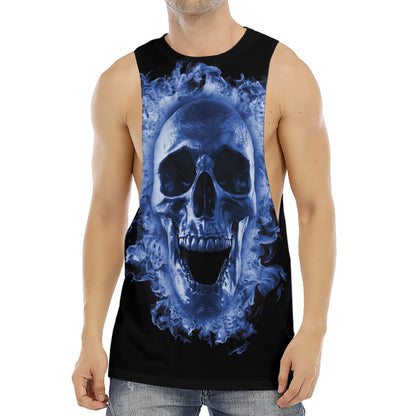 Blue Flaming Skull Print Men's Muscle Tank Top