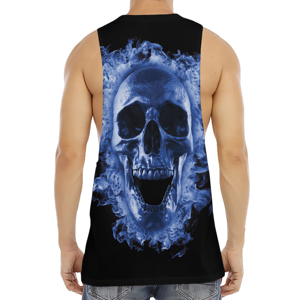 Blue Flaming Skull Print Men's Muscle Tank Top