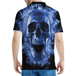 Blue Flaming Skull Print Men's Polo Shirt