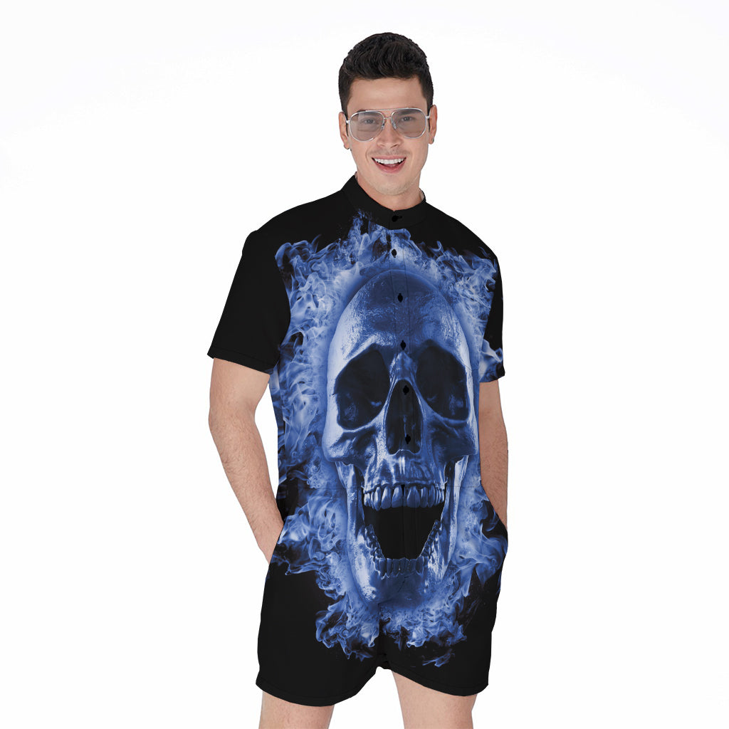 Blue Flaming Skull Print Men's Rompers