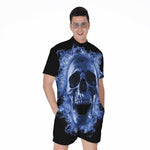 Blue Flaming Skull Print Men's Rompers