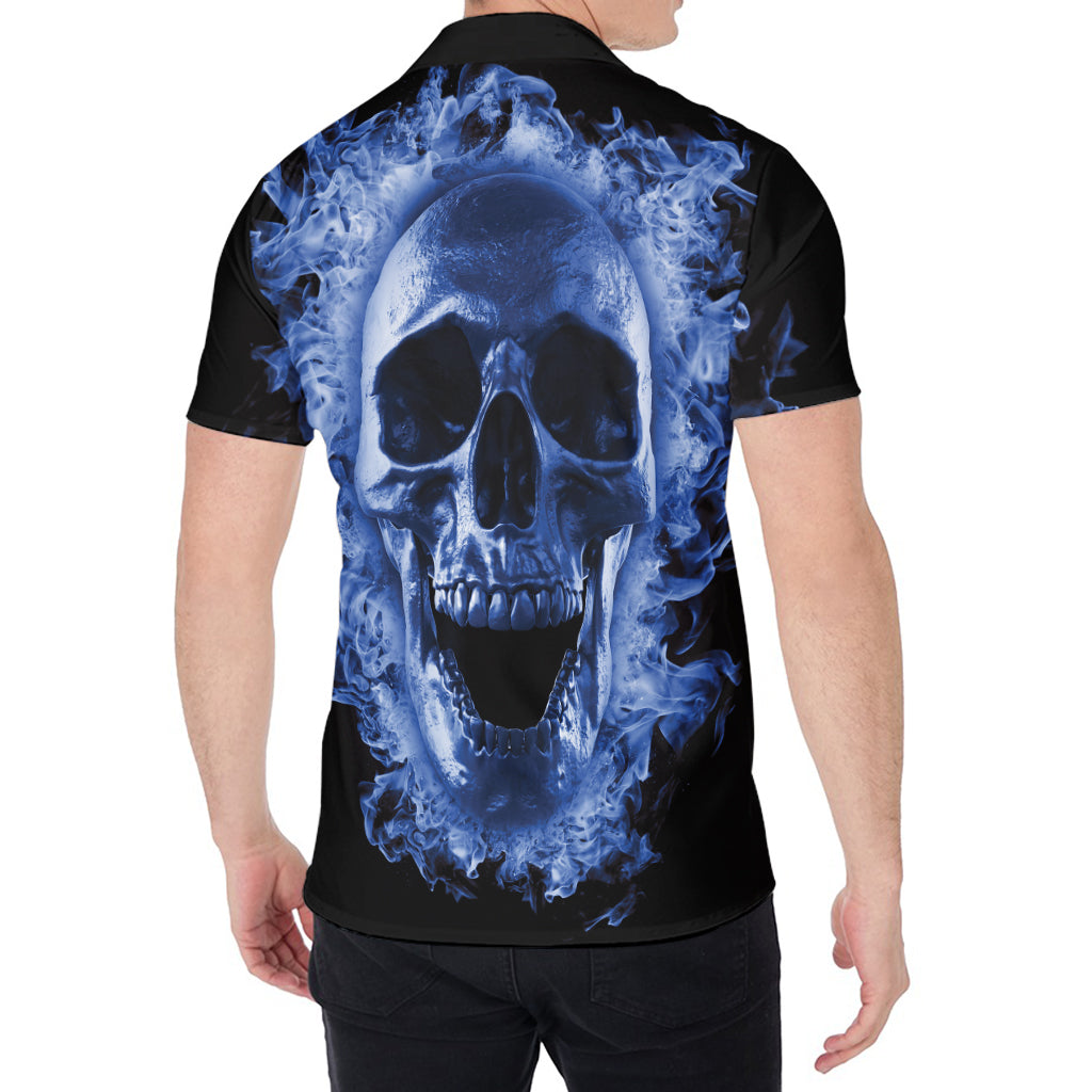 Blue Flaming Skull Print Men's Shirt