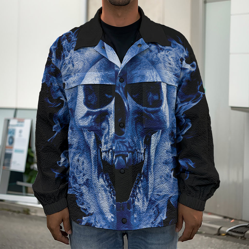 Blue Flaming Skull Print Men's Shirt Jacket