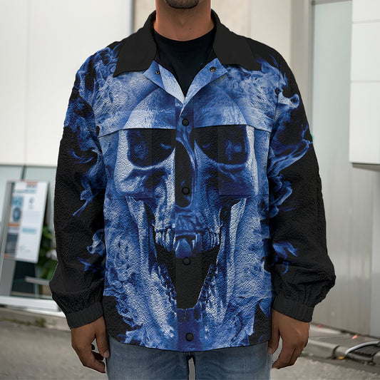 Blue Flaming Skull Print Men's Shirt Jacket