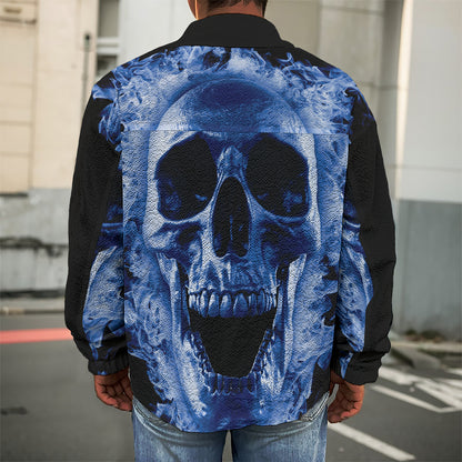 Blue Flaming Skull Print Men's Shirt Jacket