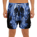 Blue Flaming Skull Print Men's Split Running Shorts