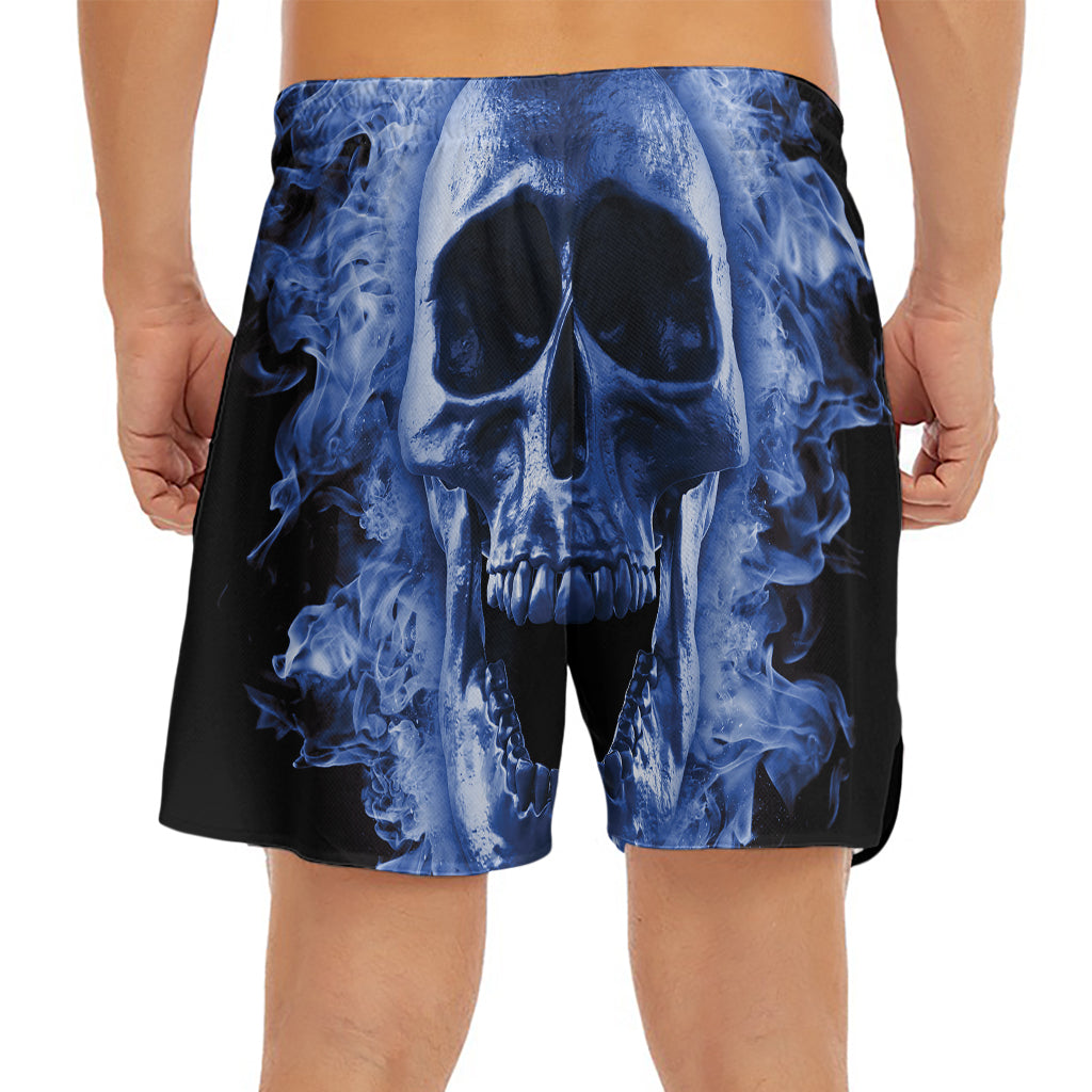 Blue Flaming Skull Print Men's Split Running Shorts