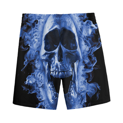 Blue Flaming Skull Print Men's Sports Shorts