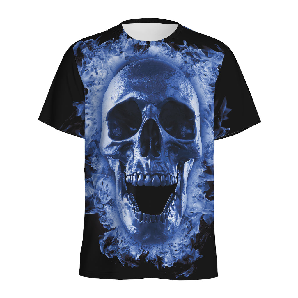 Blue Flaming Skull Print Men's Sports T-Shirt