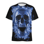 Blue Flaming Skull Print Men's Sports T-Shirt