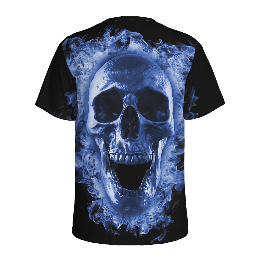 Blue Flaming Skull Print Men's Sports T-Shirt