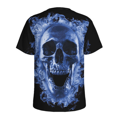 Blue Flaming Skull Print Men's Sports T-Shirt