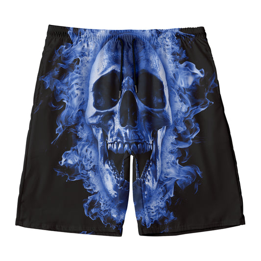 Blue Flaming Skull Print Men's Swim Trunks