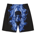 Blue Flaming Skull Print Men's Swim Trunks