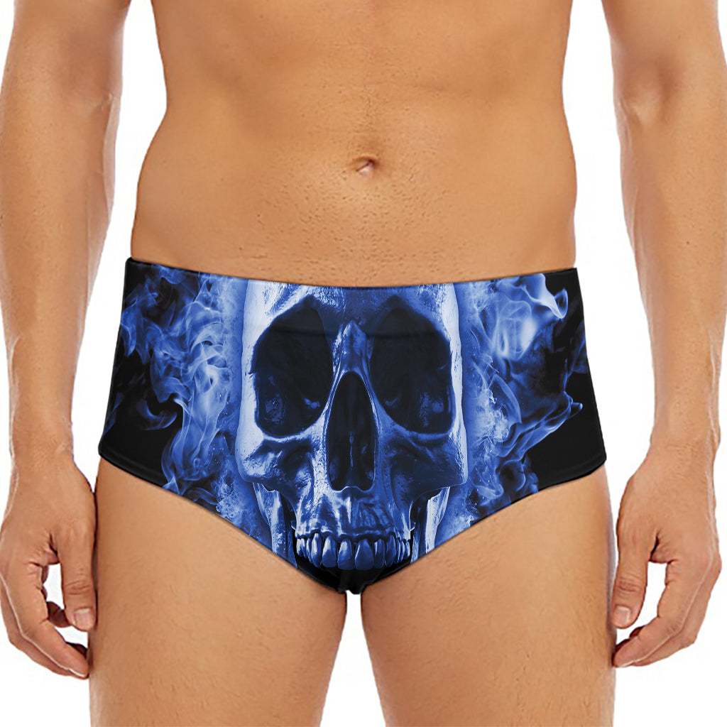 Blue Flaming Skull Print Men's Triangle Swim Briefs