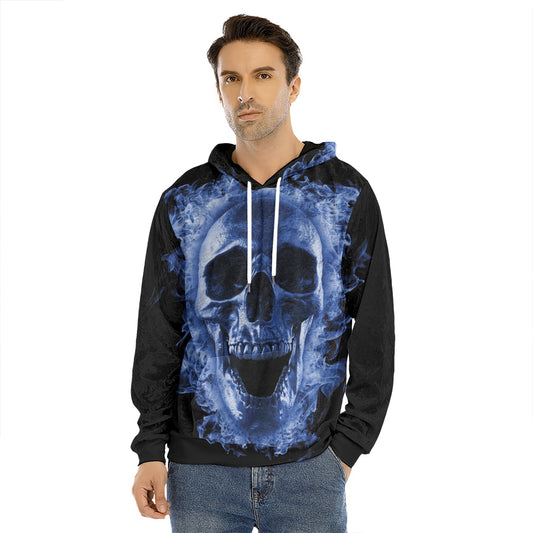 Blue Flaming Skull Print Men's Velvet Pullover Hoodie