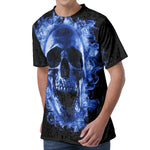 Blue Flaming Skull Print Men's Velvet T-Shirt