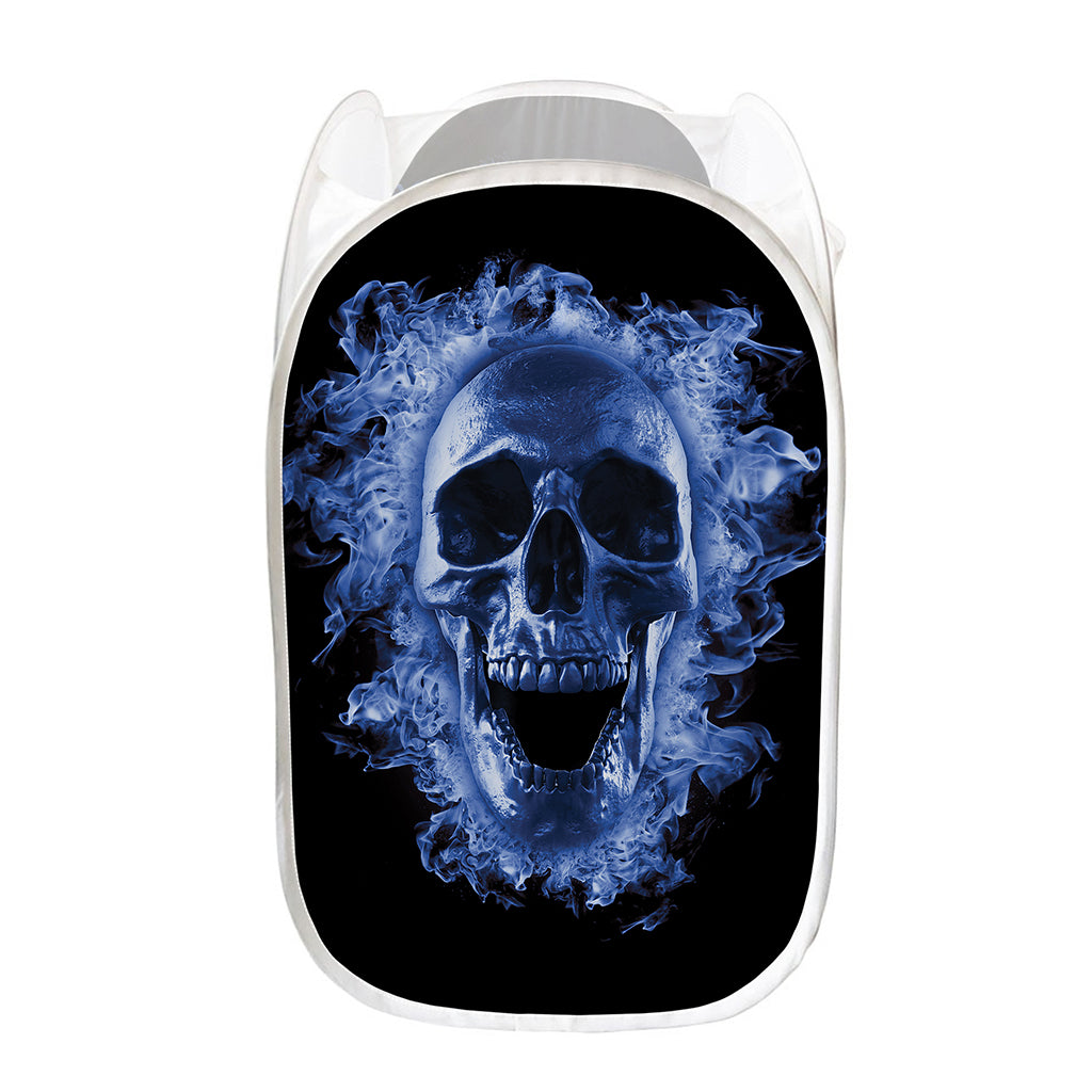 Blue Flaming Skull Print Mesh Laundry Hamper