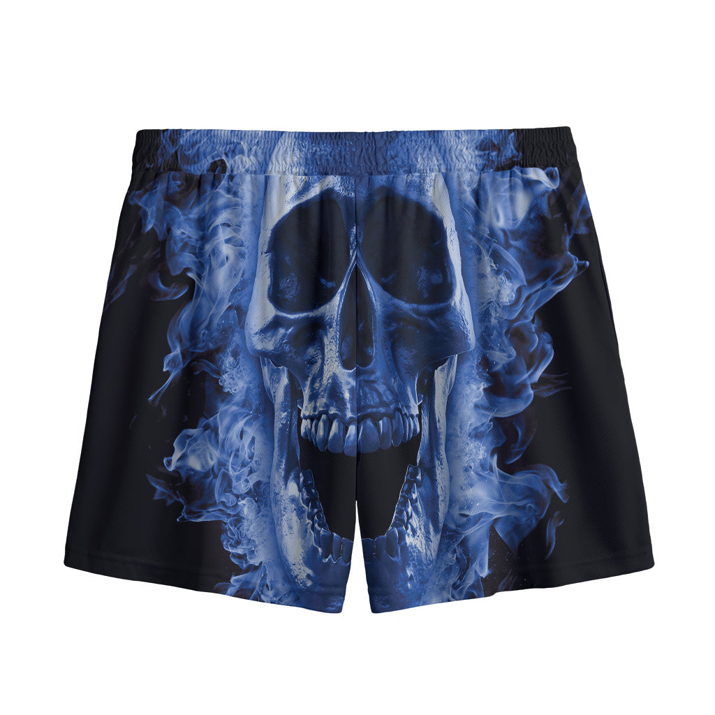 Blue Flaming Skull Print Mesh Shorts
