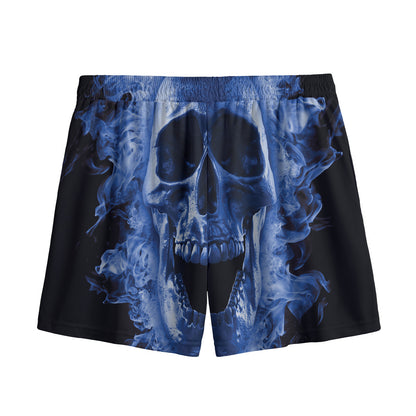 Blue Flaming Skull Print Mesh Shorts