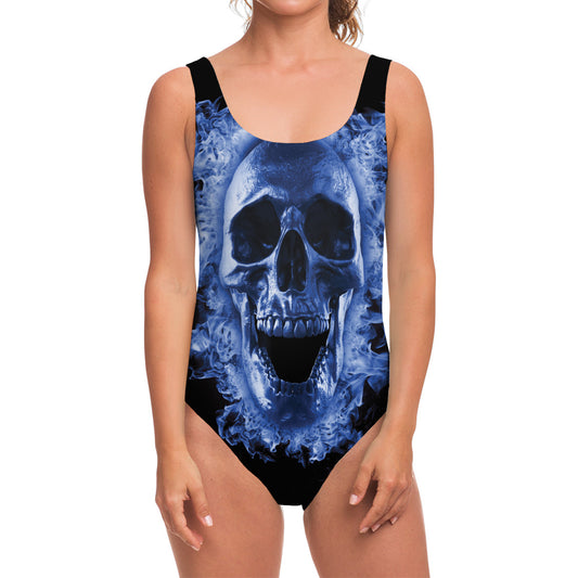 Blue Flaming Skull Print One Piece Swimsuit