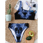 Blue Flaming Skull Print One Shoulder Bikini Top