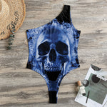 Blue Flaming Skull Print One Shoulder Bodysuit
