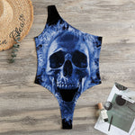 Blue Flaming Skull Print One Shoulder Bodysuit