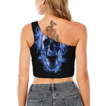 Blue Flaming Skull Print One Shoulder Crop Top