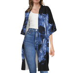 Blue Flaming Skull Print Open Front Beach Cover Up