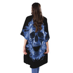 Blue Flaming Skull Print Open Front Beach Cover Up