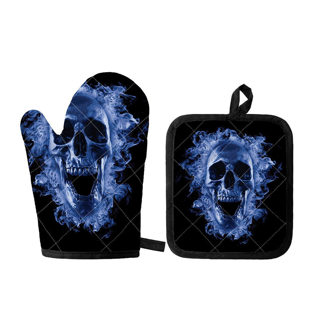 Blue Flaming Skull Print Oven Mitt And Pot Holder Set