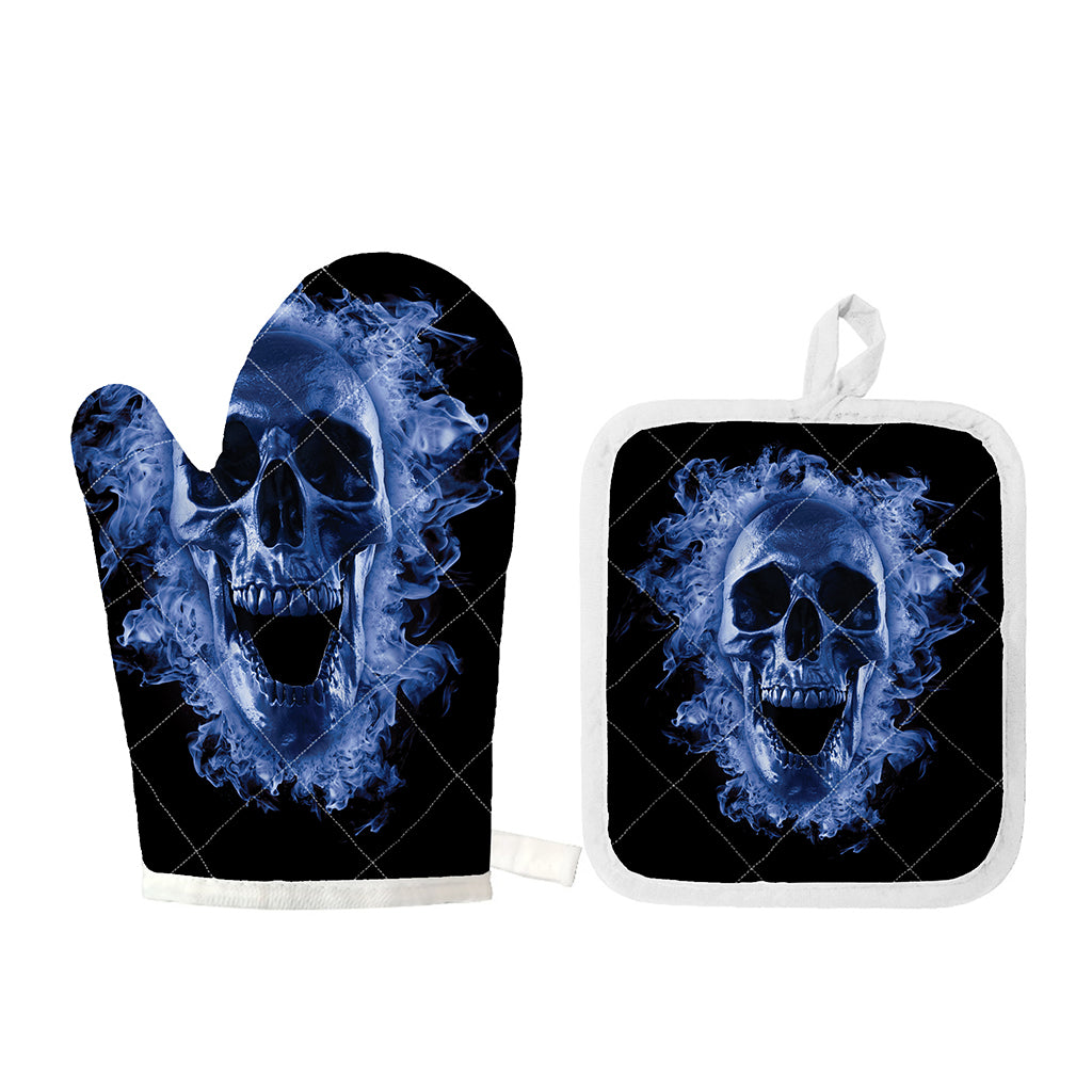 Blue Flaming Skull Print Oven Mitt And Pot Holder Set