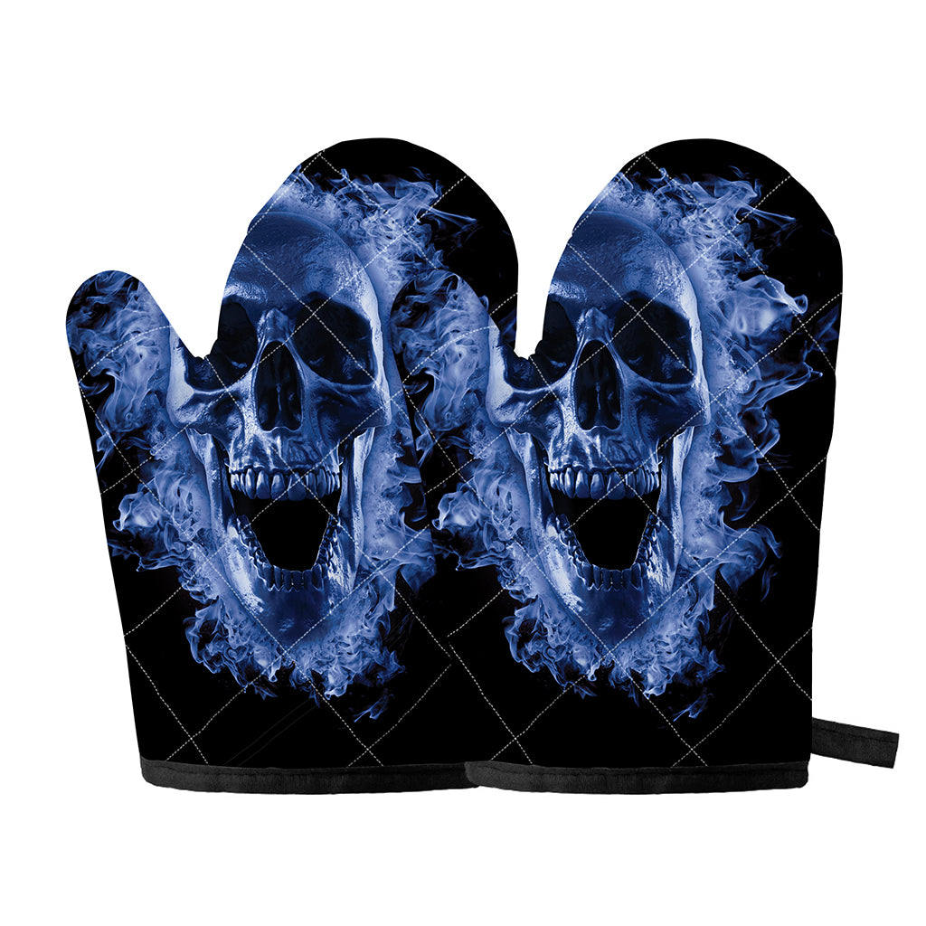 Blue Flaming Skull Print Oven Mitts