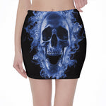 Blue Flaming Skull Print Pencil Mini Skirt
