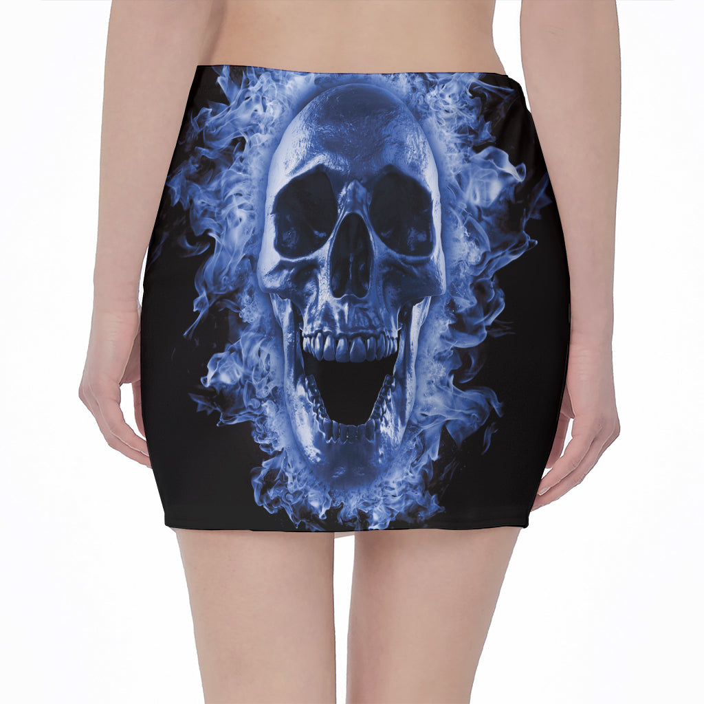 Blue Flaming Skull Print Pencil Mini Skirt