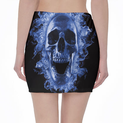 Blue Flaming Skull Print Pencil Mini Skirt