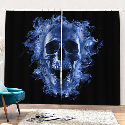 Blue Flaming Skull Print Pencil Pleat Curtains